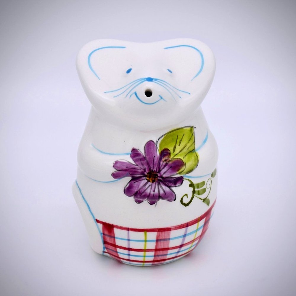 Mouse Cheese Shaker Laurie Gates Vintage White Purple Flower Ceramic Hand Paint